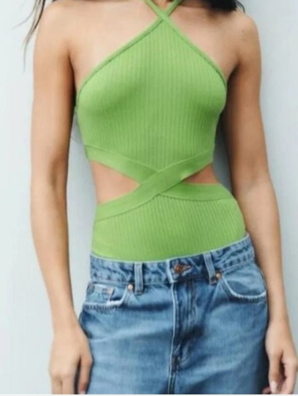 Zara Lime Green Ribbed Cross-Back Halter Tank